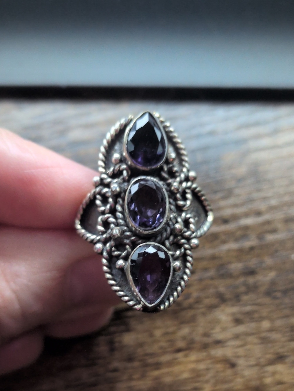 Sterling Silver Purple Amethyst Triple-Stone Statement Ring